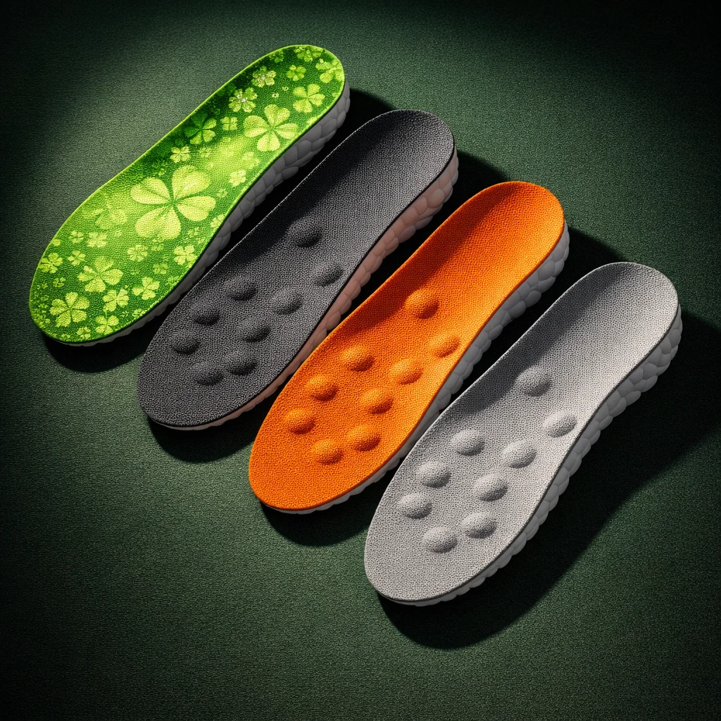 All four Zenpace massage insole colorways arranged in editorial flat-lay - orange, lime green, black, and grey