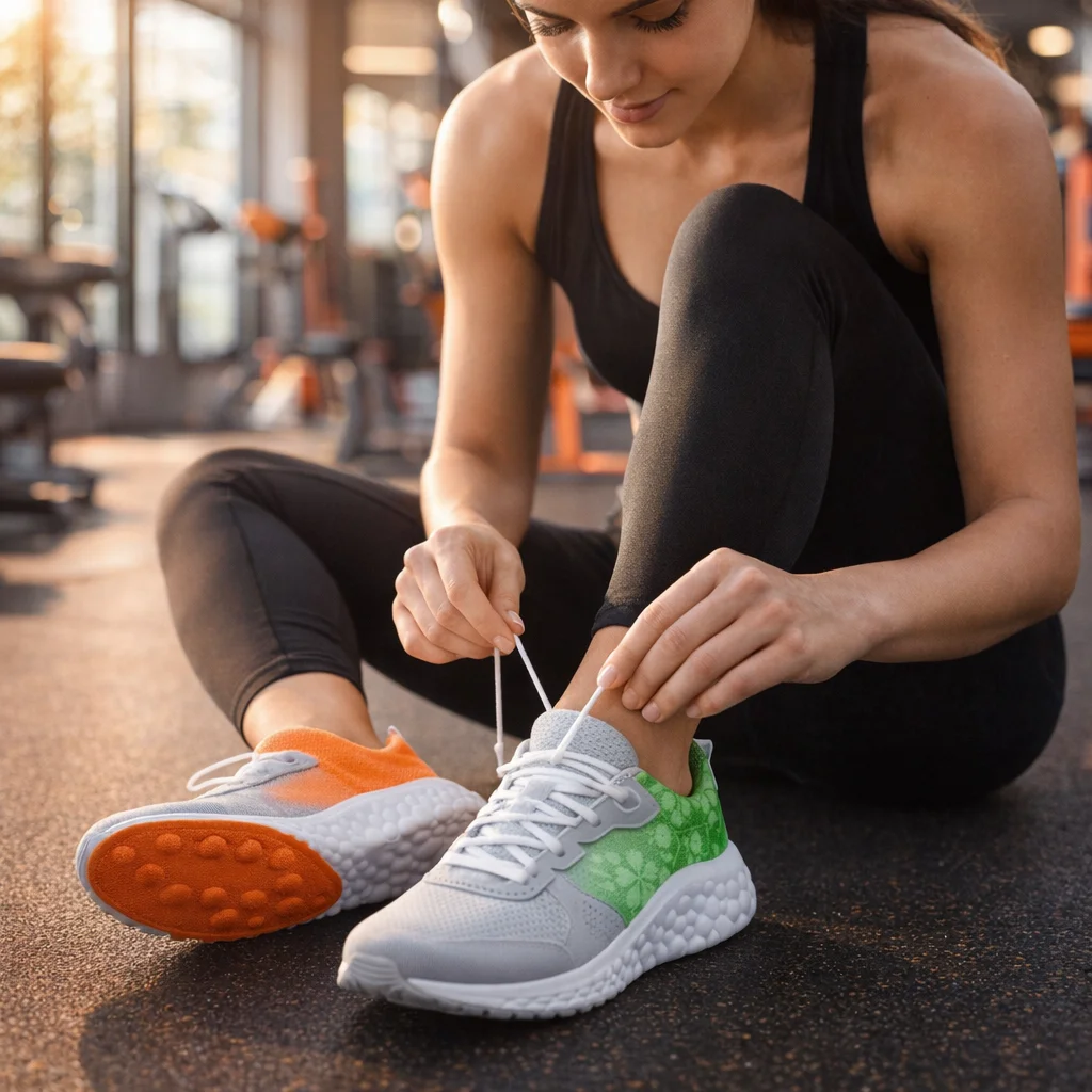 Zenpace massage insoles for gym use inside training shoes worn by active woman